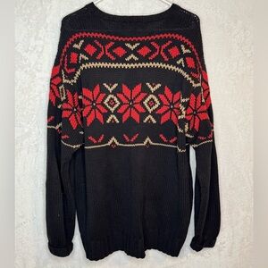 Vintage Old School Cotton Knit Sweater Holiday Christmas Poinsettias Ski Cabin